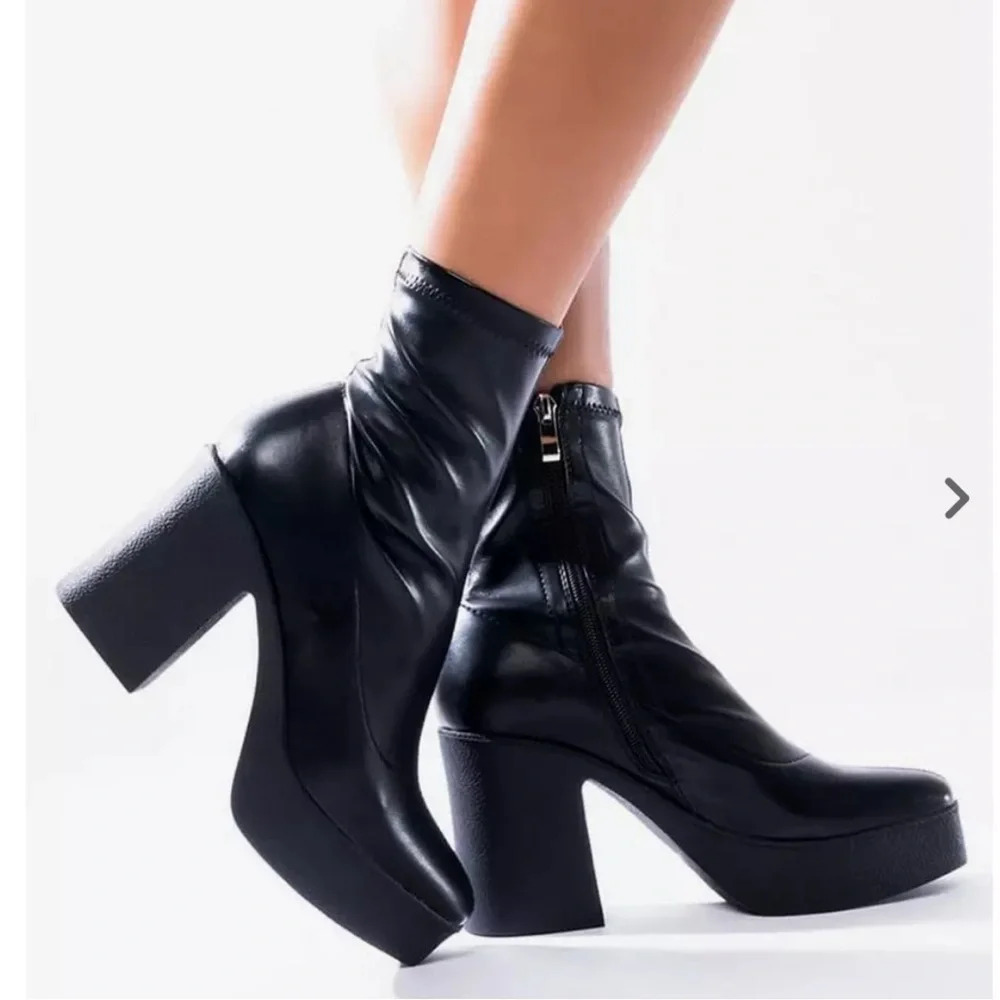 Black Platform Block Heel Ankle Boots - Women